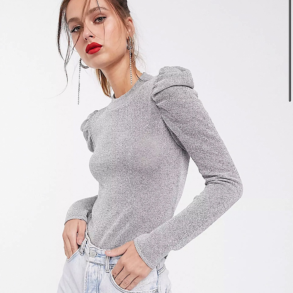 Silver Glitter Puff-Sleeve Top
